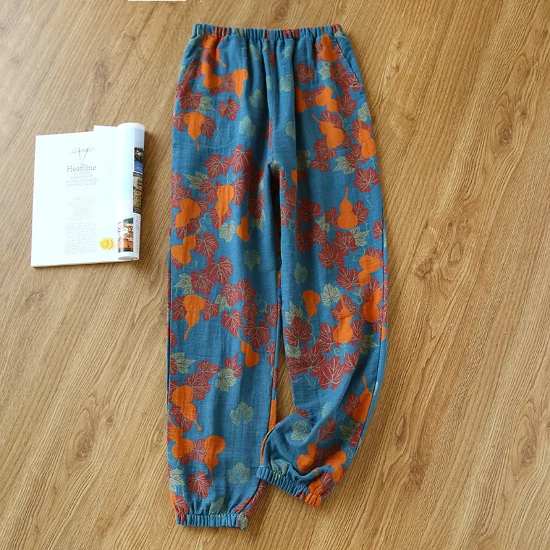 Women's Cotton Crepe Pajama Pants – Loose Floral Print Lounge Bottoms