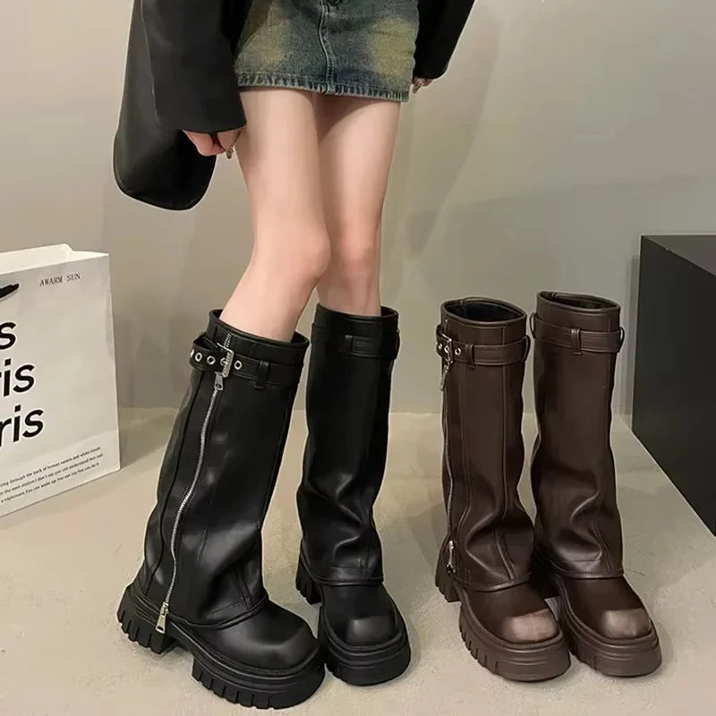 Women's Platform Knee-High Biker Boots with Belt Buckle