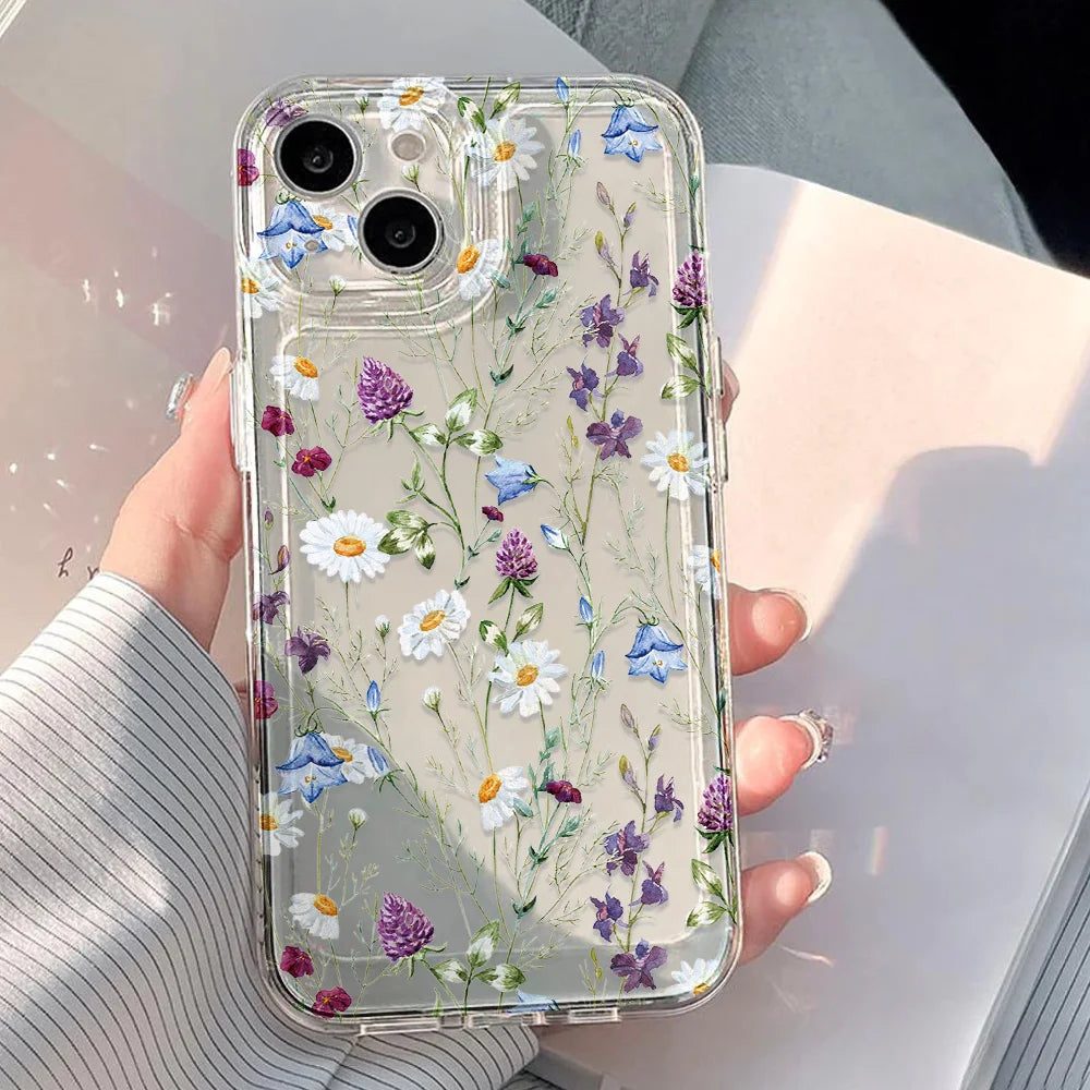 Flower Pattern Transparent Case Iphone 17 Air 15 16 Pro Max 11 14 12 13 Soft Silicone Floral Cover