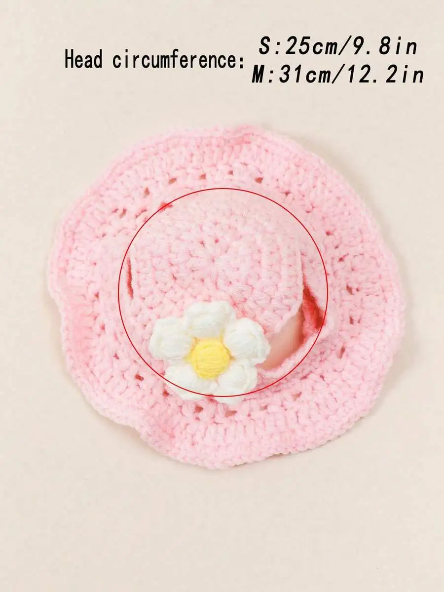 Knitted Pet Bucket Hat with Flower for Cats & Small Dogs