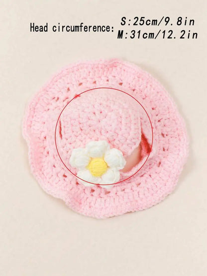 Knitted Pet Bucket Hat with Flower for Cats & Small Dogs
