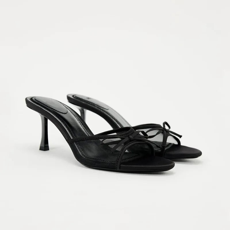 Women's Kitten Heel Mule Sandals with Bow Detail