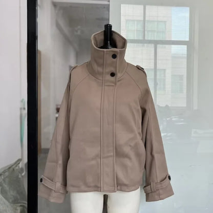 Women's Short Woolen Coat – Stand Collar Zip Jacket