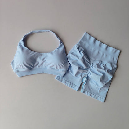 2-Piece Seamless Yoga Set – Women's Halter Sports Bra & Shorts