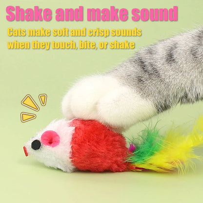 Plush Mouse Cat Toys with Colorful Feather Tails – Squeaky Mice for Indoor Cats