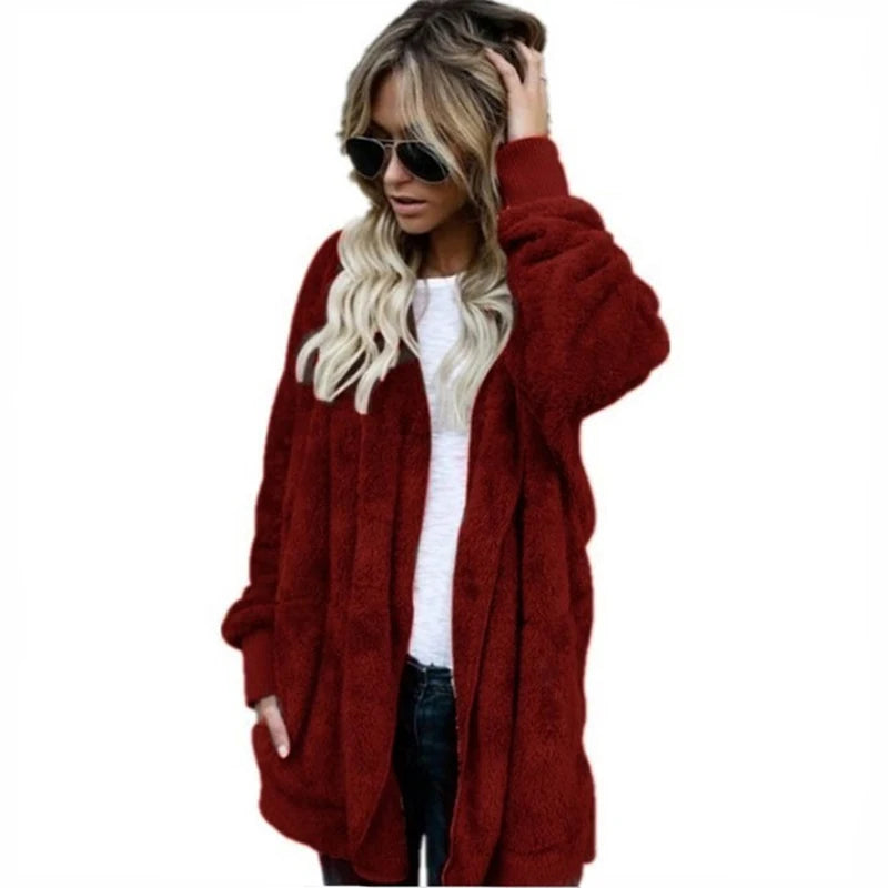 Women's Fleece Hooded Cardigan Coat – Warm Plush Jacket