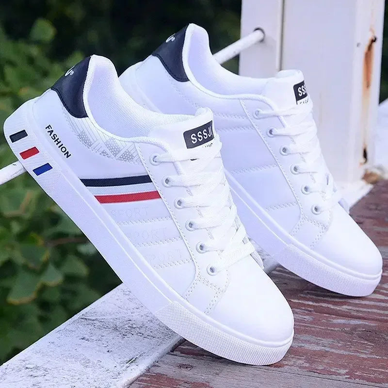 Men's White Casual Sneakers – Lightweight PU Leather Lace-Up Shoes