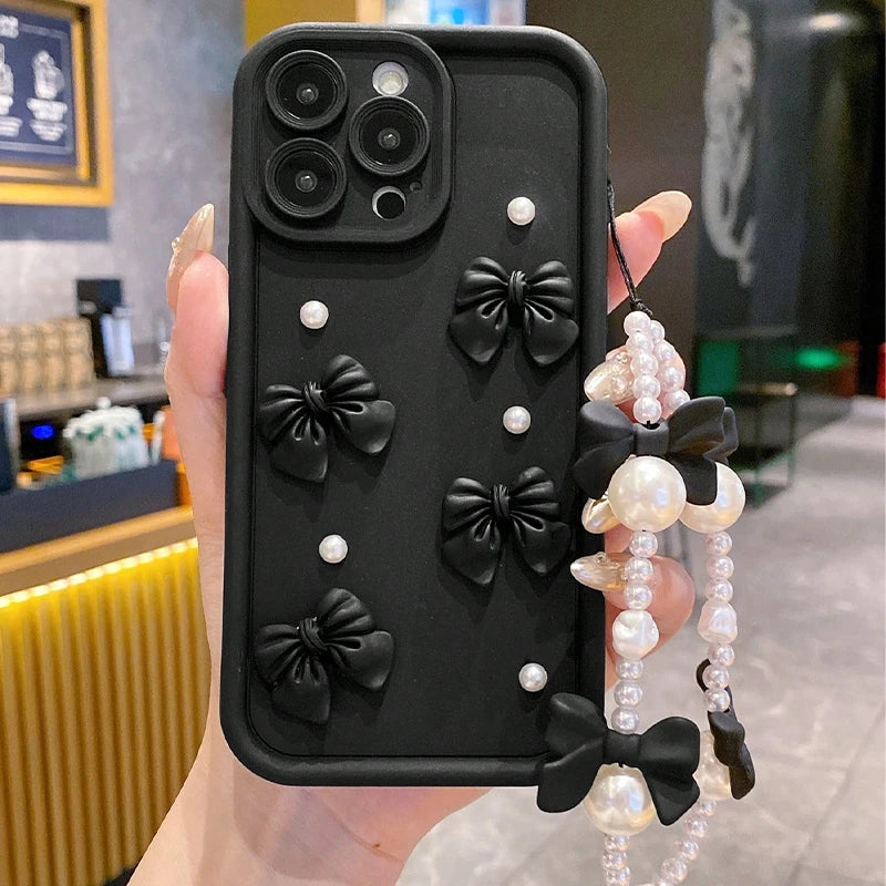 Korean 3d Bowknot Pearl Silicone Phone Case Iphone 16 17 Pro 15 14 13 12 11 Max 16e 7 8 Plus Lanyard