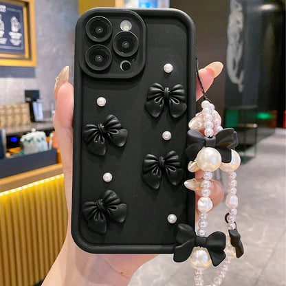 Korean 3d Bowknot Pearl Silicone Phone Case Iphone 16 17 Pro 15 14 13 12 11 Max 16e 7 8 Plus Lanyard