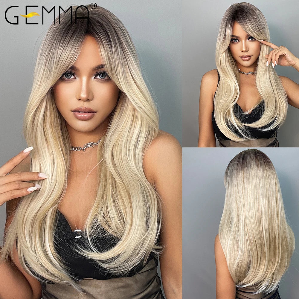 Gemma Ombre Brown Blonde Long Straight Synthetic Wigs Bangs Cosplay Wig Women Temperature Natural