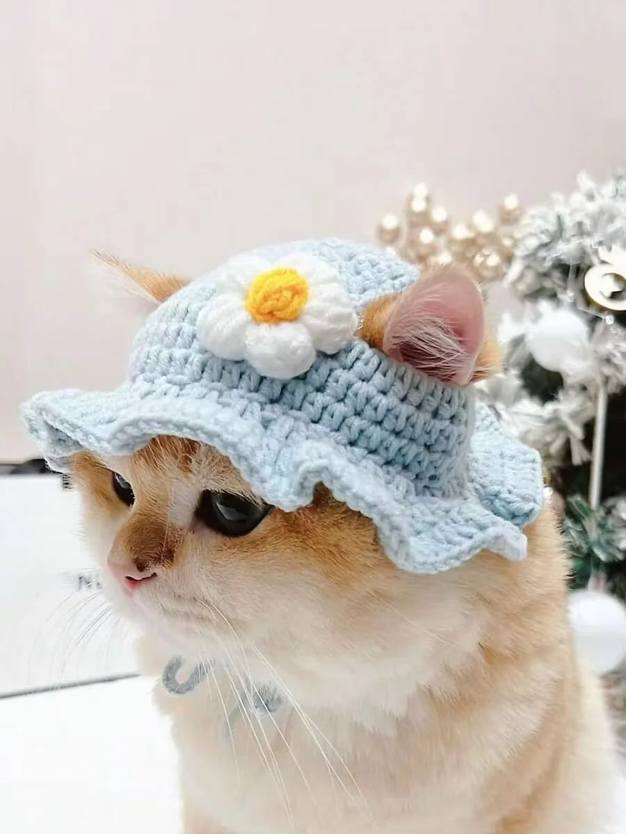 Knitted Pet Bucket Hat with Flower for Cats & Small Dogs