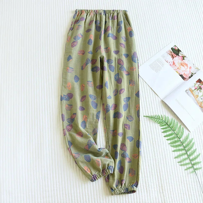 Women's Cotton Crepe Pajama Pants – Loose Floral Print Lounge Bottoms