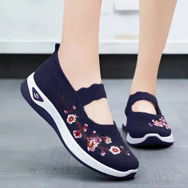 Women's Embroidered Slip-On Sneakers – Breathable Chunky Sole Casual Shoes