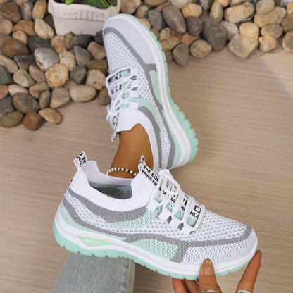 Women's Two-Tone Mesh Knit Sneakers – Casual Lace-Up Fashion Shoes