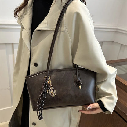 Large Capacity Tote Bag – Retro Leather Shoulder Handbag with Charm Pendant