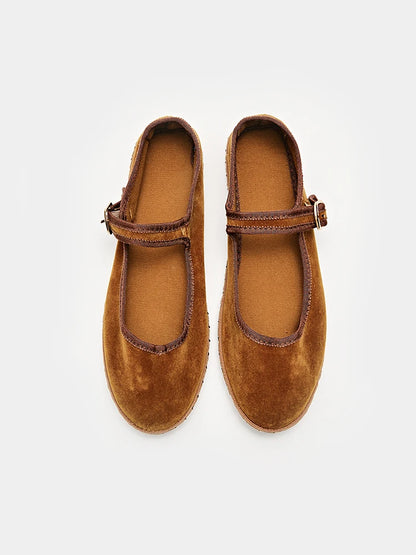 Velvet Mary Jane Flats – Women's Buckle Strap Ballet Shoes