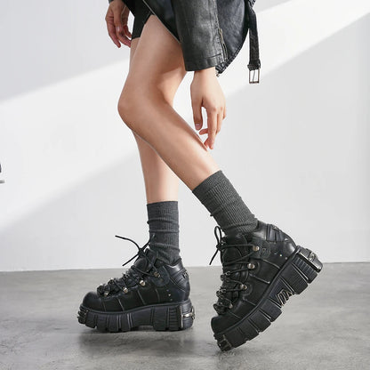 Women's Punk Platform Boots – Lace-Up Metal Decor 6cm Heel