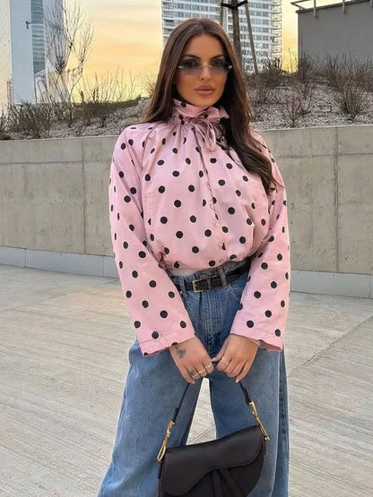 Women's Polka Dot Spring Jacket – Elegant Drawstring Coat
