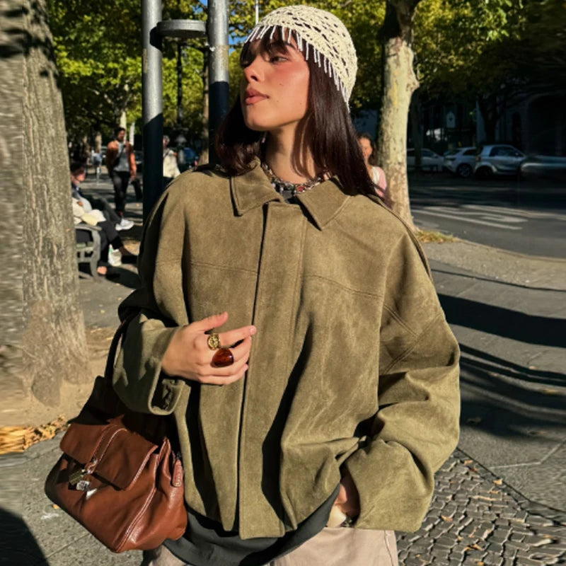 Women's Suede Cropped Bomber Jacket – Oversized Batwing Coat