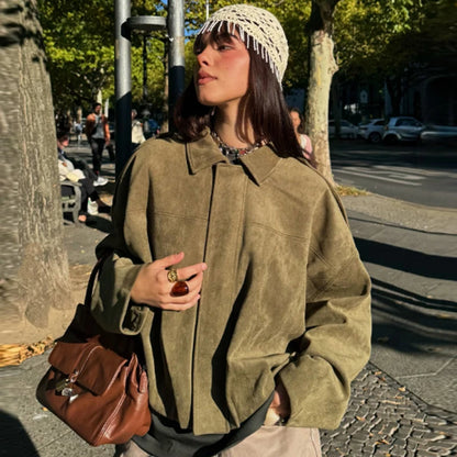 Women's Suede Cropped Bomber Jacket – Oversized Batwing Coat