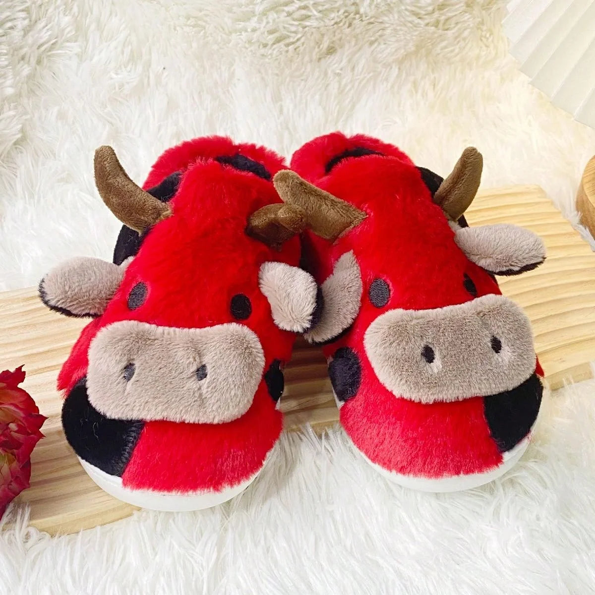 Cow Pattern Plush Slippers Winter Warm Non-Slip Cozy Cute Home Couples Men