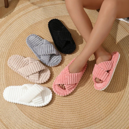 Corduroy Cross Band Home Slippers Women Spring Autumn Warm Plush Slides Woman Indoor Bedroom Soft