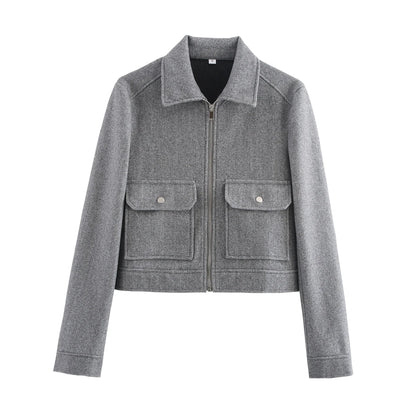 Women's Cropped Zip-Up Jacket – Short Elegant Coat with Pockets