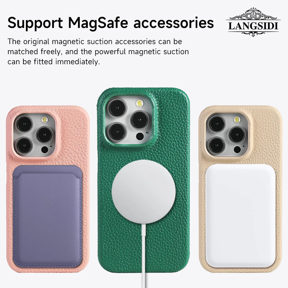 Langsidi Magsafe Case Iphone 16 15 Pro Max Promax 15pro 16pro Natural Cowhide Leather Magnetic