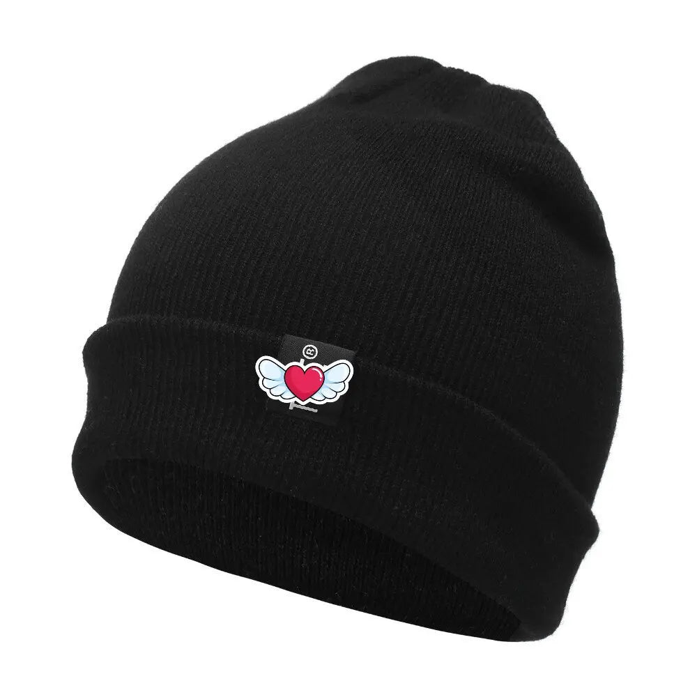 Winter Knit Beanie with Heart Wing Embroidery – Warm Cuffed Hat