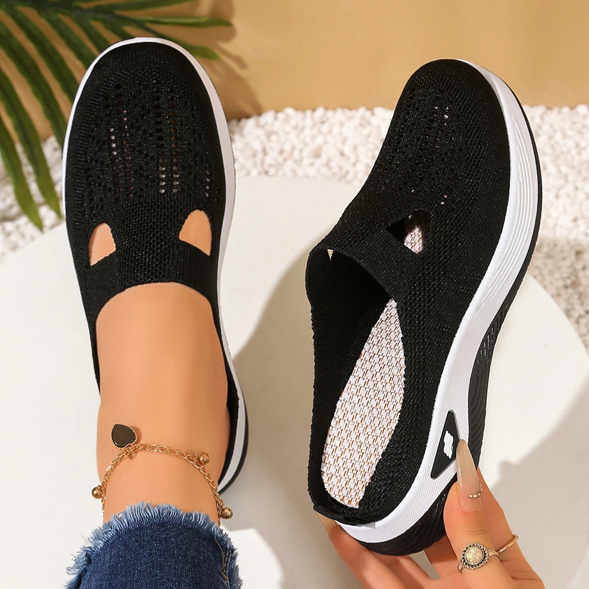 Women's Slip-On Knit Mule Sneakers – Breathable Air Cushion Slippers