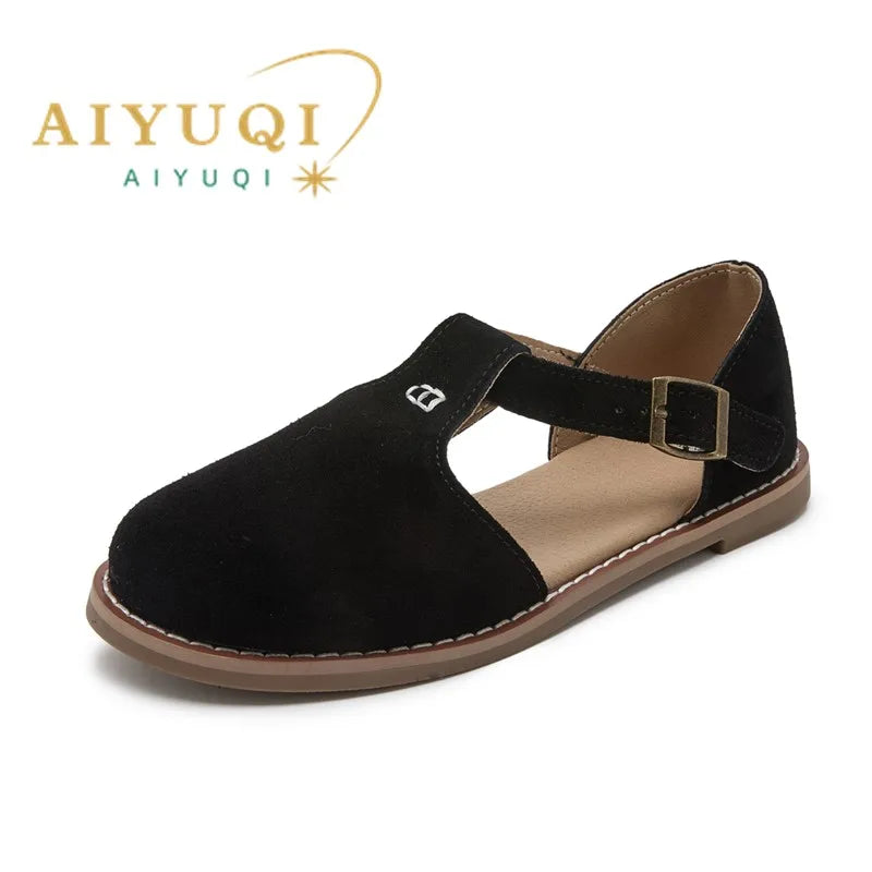 Women's Genuine Leather Flat Roman Sandals – Retro Closed Toe