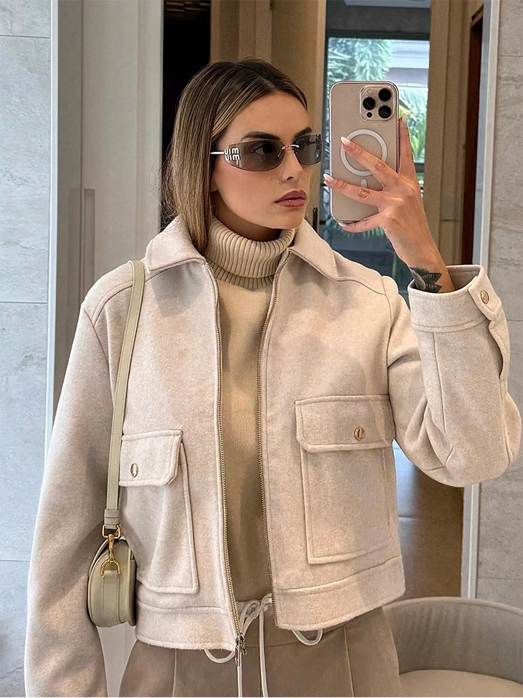 Women's Cropped Zip-Up Jacket – Short Elegant Coat with Pockets