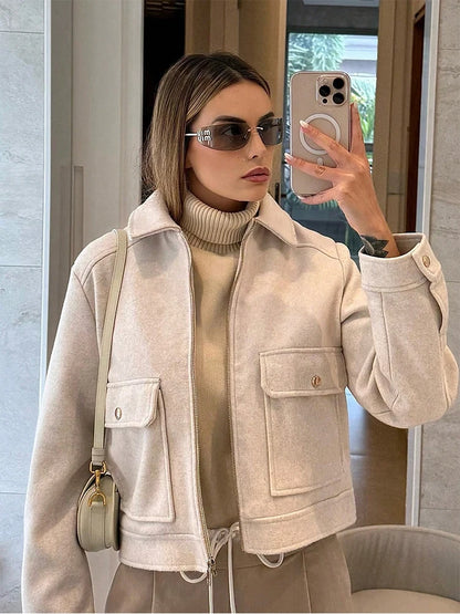 Women's Cropped Zip-Up Jacket – Short Elegant Coat with Pockets