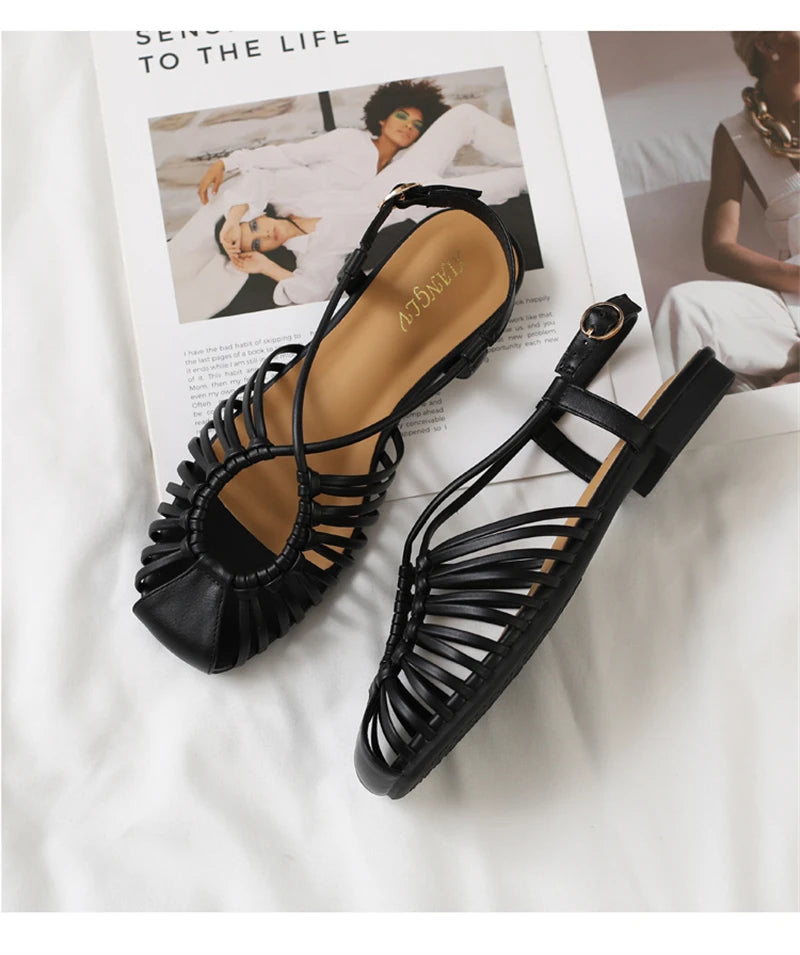 Women's Flat Roman Cage Sandals – Narrow Strap Square Toe