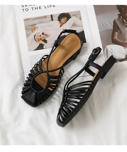 Women's Flat Roman Cage Sandals – Narrow Strap Square Toe