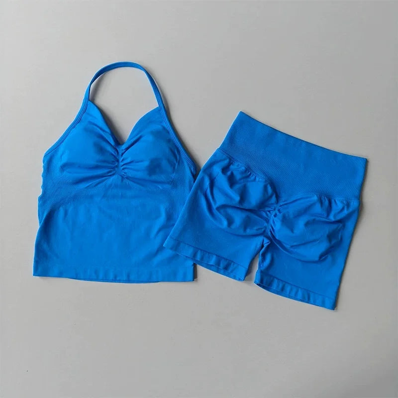 Women's Strappy Backless Crop Top & Scrunch Shorts Set – Gym Yoga Activewear