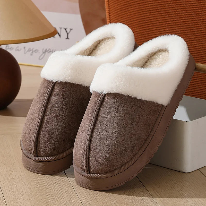 Women S Plush Slippers Winter Outdoor Thick Sole Non-Slip Fur Flip Flops Collar Warm Unisex House