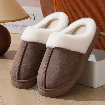 Women S Plush Slippers Winter Outdoor Thick Sole Non-Slip Fur Flip Flops Collar Warm Unisex House