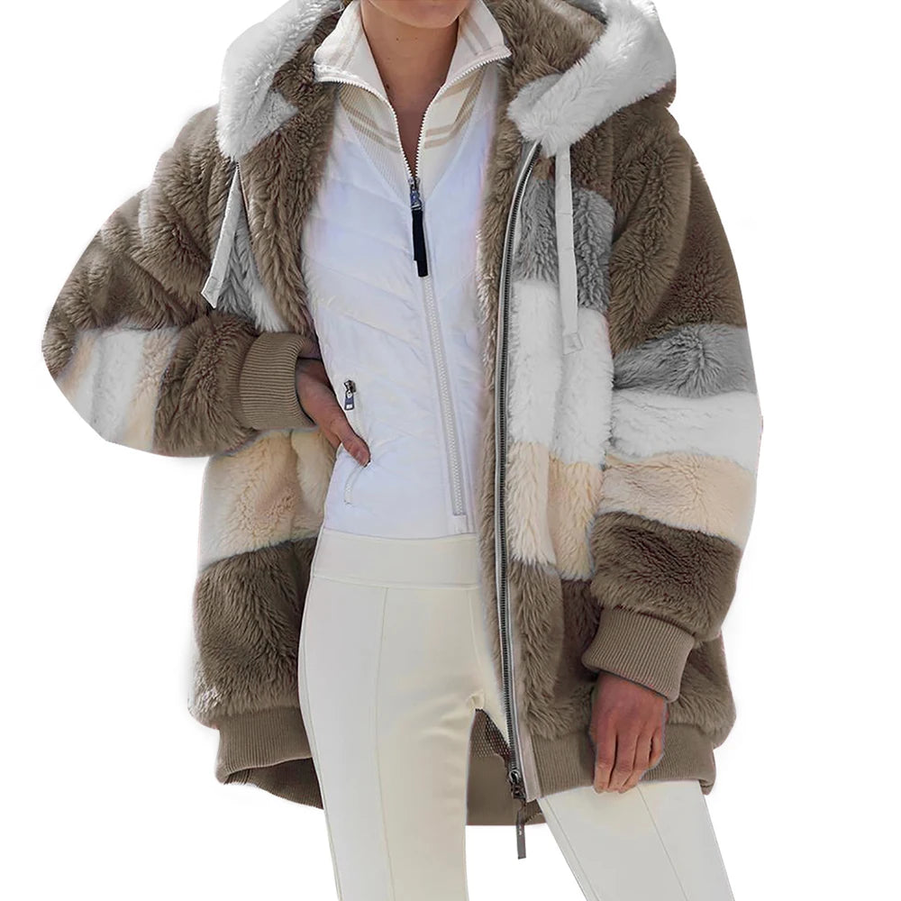Women's Oversized Fluffy Hooded Jacket – Color Block Teddy Coat