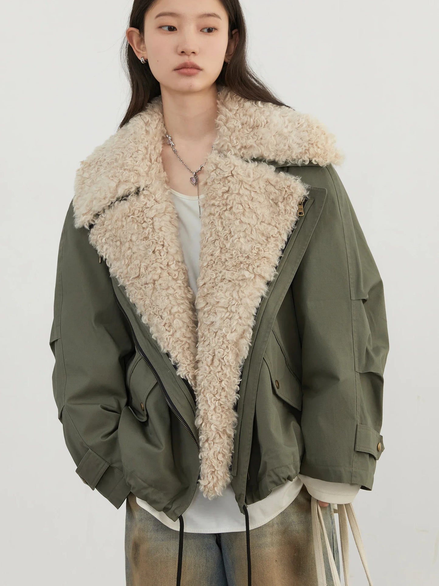 Women's Retro Sherpa-Lined Cotton Motorcycle Jacket – Loose Warm Streetwear Coat