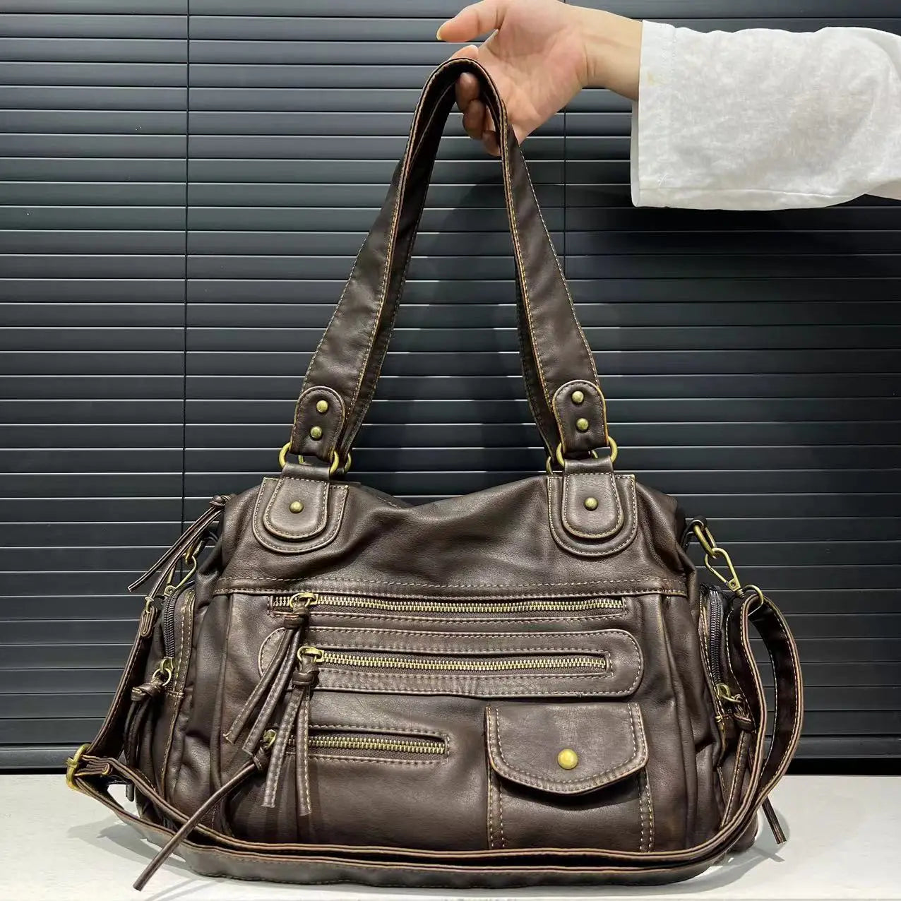 Vintage Washed Leather Shoulder Bag – Y2K Motorcycle Crossbody