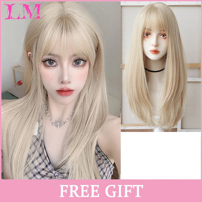 Lm Cosplay Wig Bangs Synthetic Straight Hair 24 Inch Long Heat-Resistant Pink Women