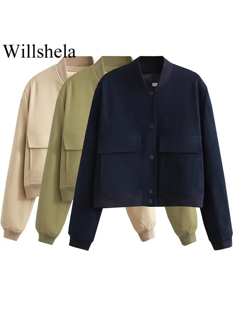 Women's Cropped Bomber Jacket with Pockets – Single Breasted