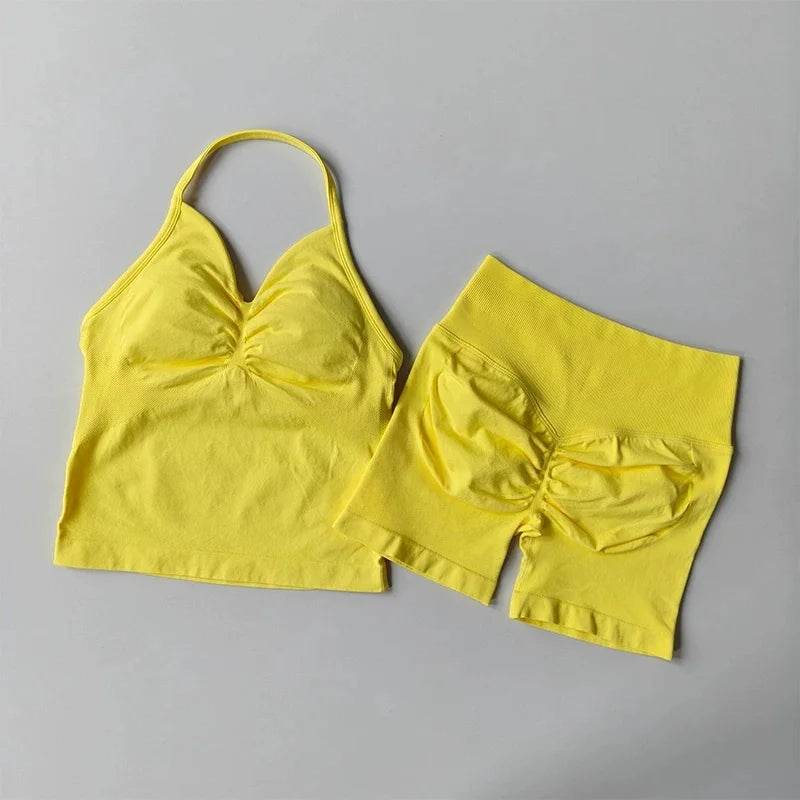 Women's Strappy Backless Crop Top & Scrunch Shorts Set – Gym Yoga Activewear