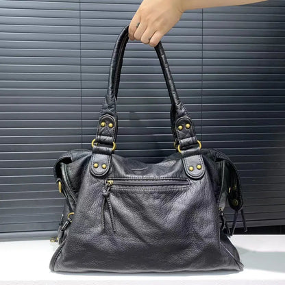 Vintage Washed Leather Motorcycle Shoulder Bag – Large Capacity Crossbody