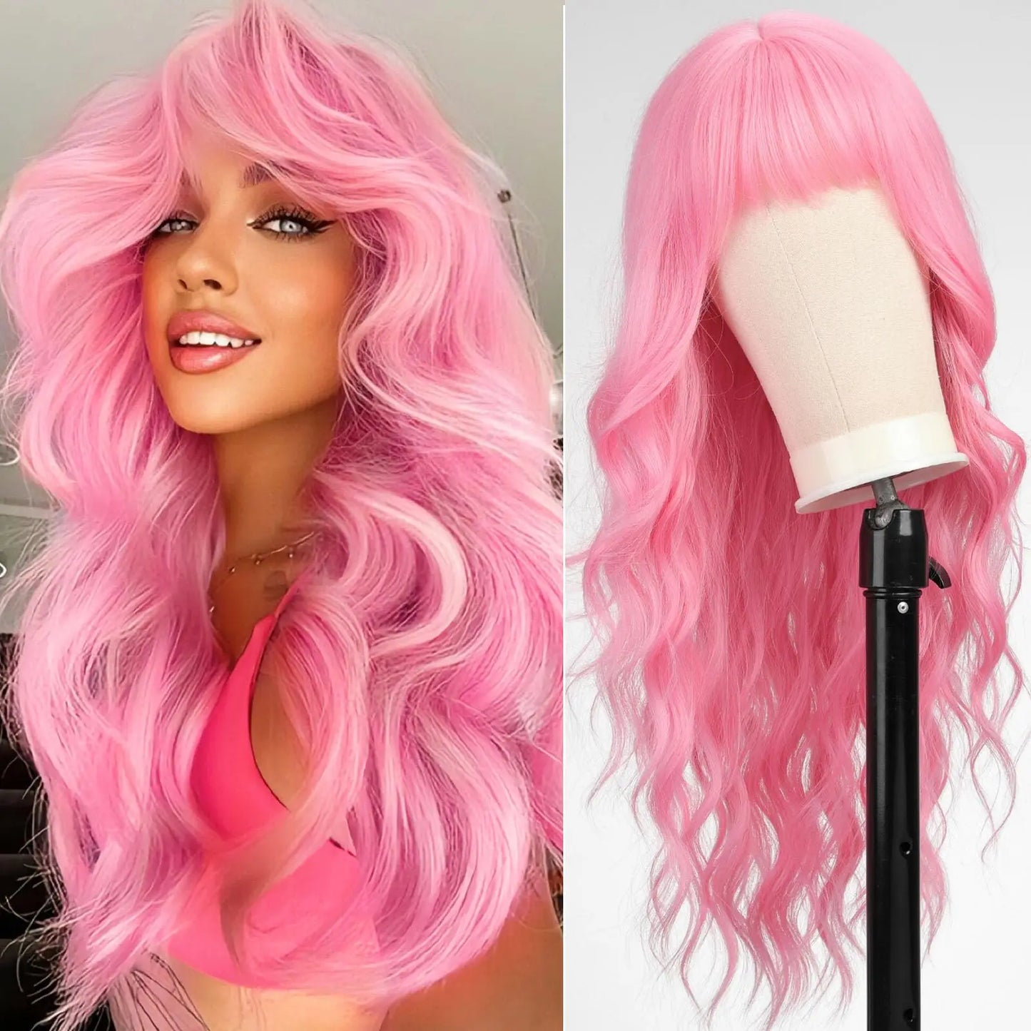 Long Wavy Synthetic Wig with Bangs – Heat Resistant Fiber