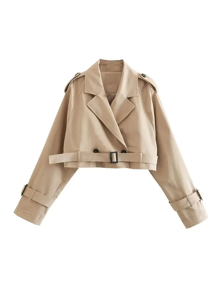 Cropped Trench Jacket for Women – Double Breasted Belt Coat