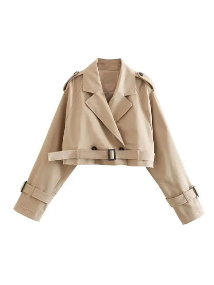 Cropped Trench Jacket for Women – Double Breasted Belt Coat