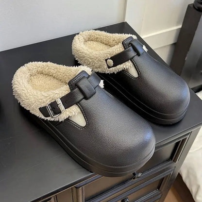Furry Mule Slippers Women Winter Plush Warm EVA Thick Sole Metal Buckle Non-Slip