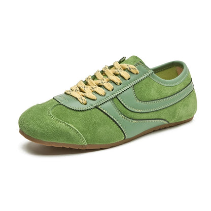 Women's Genuine Leather Retro Sneakers – Flat Lace-Up Casual Shoes